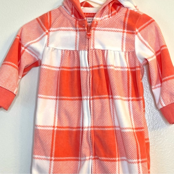 Carter’s 6M Orange & White Plaid Fleece Hoodie Jumpsuit - Picture 2 of 7